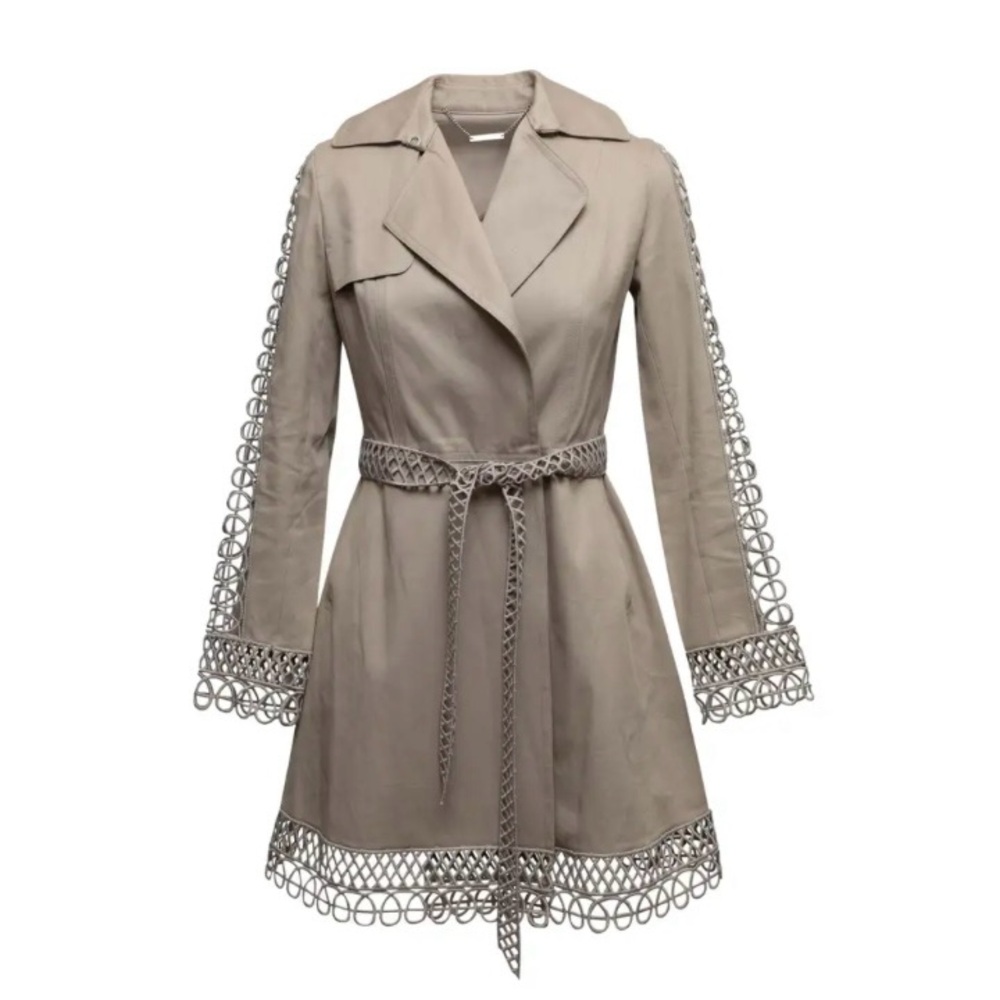 Khaki Elie Tahari Lasercut Trench Coat Size US Large NWT